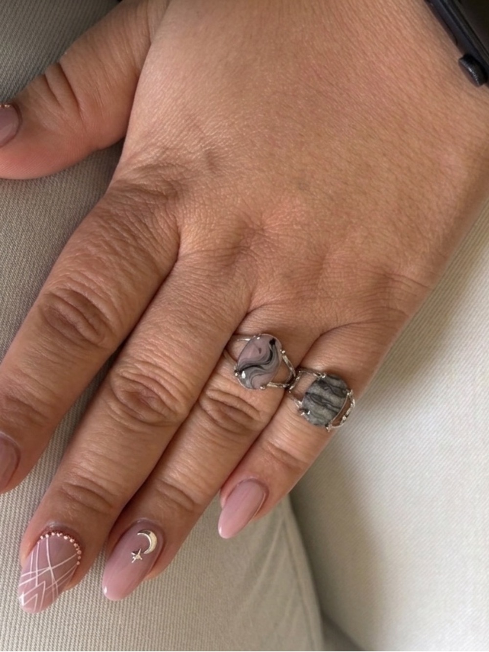 Size 8 (pinky available only) Silver Marble Stone Double Ring - Pink and Gray